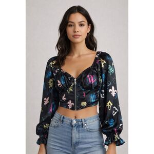 OLM Satin Corset Crop Top Black Multicolor Print Puff Sleeve Size M